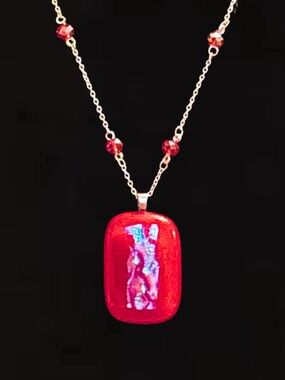 Red Dichroic Glass Pendant And Crystal Beased Necklace - Women Jewelry